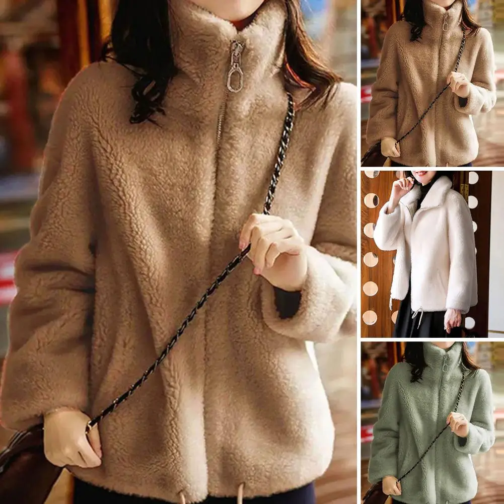 Women Plush Jacket Double-sided Plush Women's Winter Coat With High Collar Zipper Cardigan Pockets Resistant For Ladies