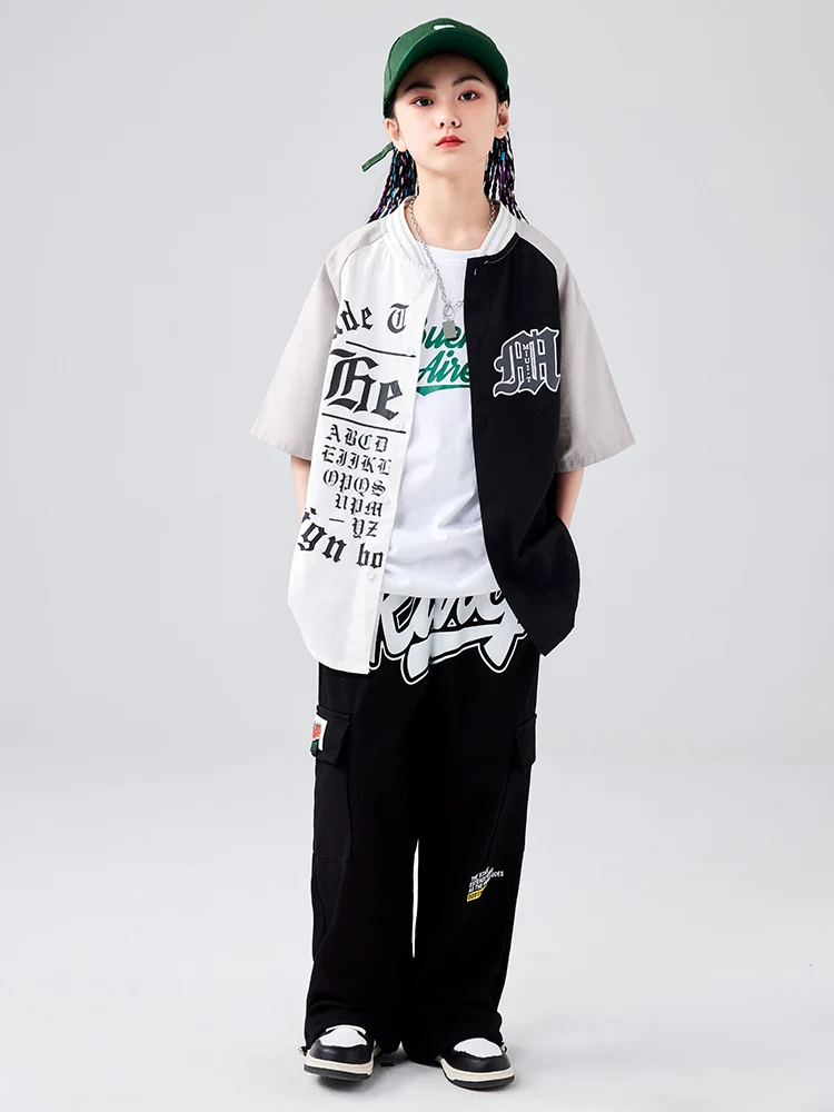 Sommer Mode Kinder Hip Hop Dance Kostüm Kurzarm Baseball Jacke Schwarze Hosen Street Dance Outfit Mädchen Jazz Tragen BL10718