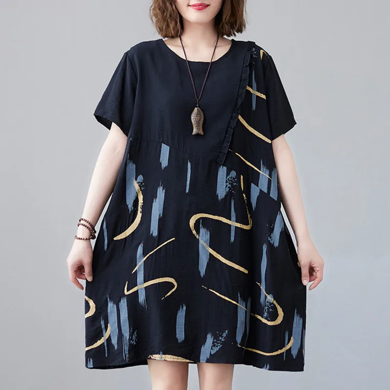 #3249 Summer Vintage Printed Dress Women O-neck Loose Mini Dress Short Sleeves Short Dress Female Retro A-line Womens Dress