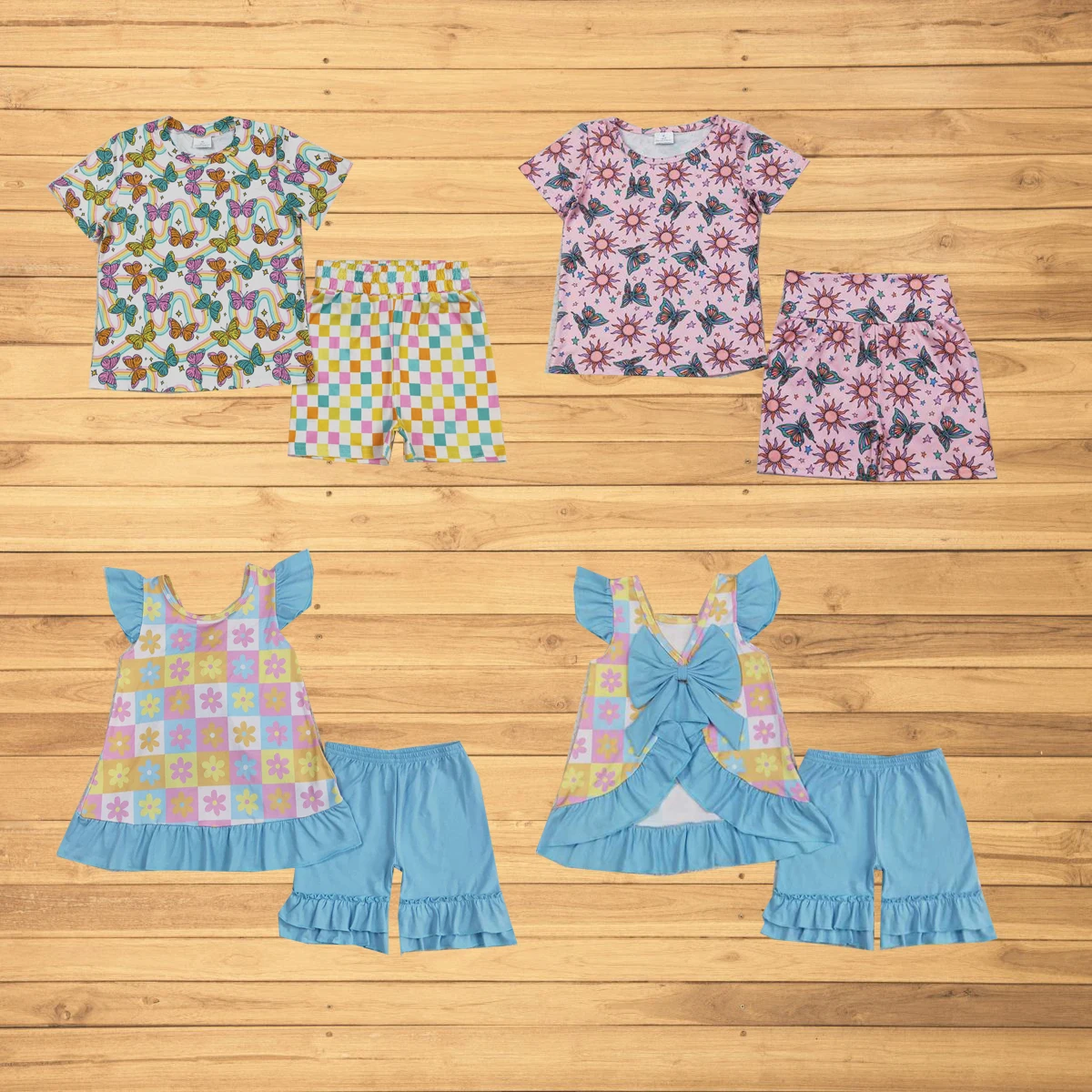 

Wholesale hot sale western boutique children Baby Girls Short Sleeves Butterfly Rainbows Top Colorful Plaid Short Pajamas Sets