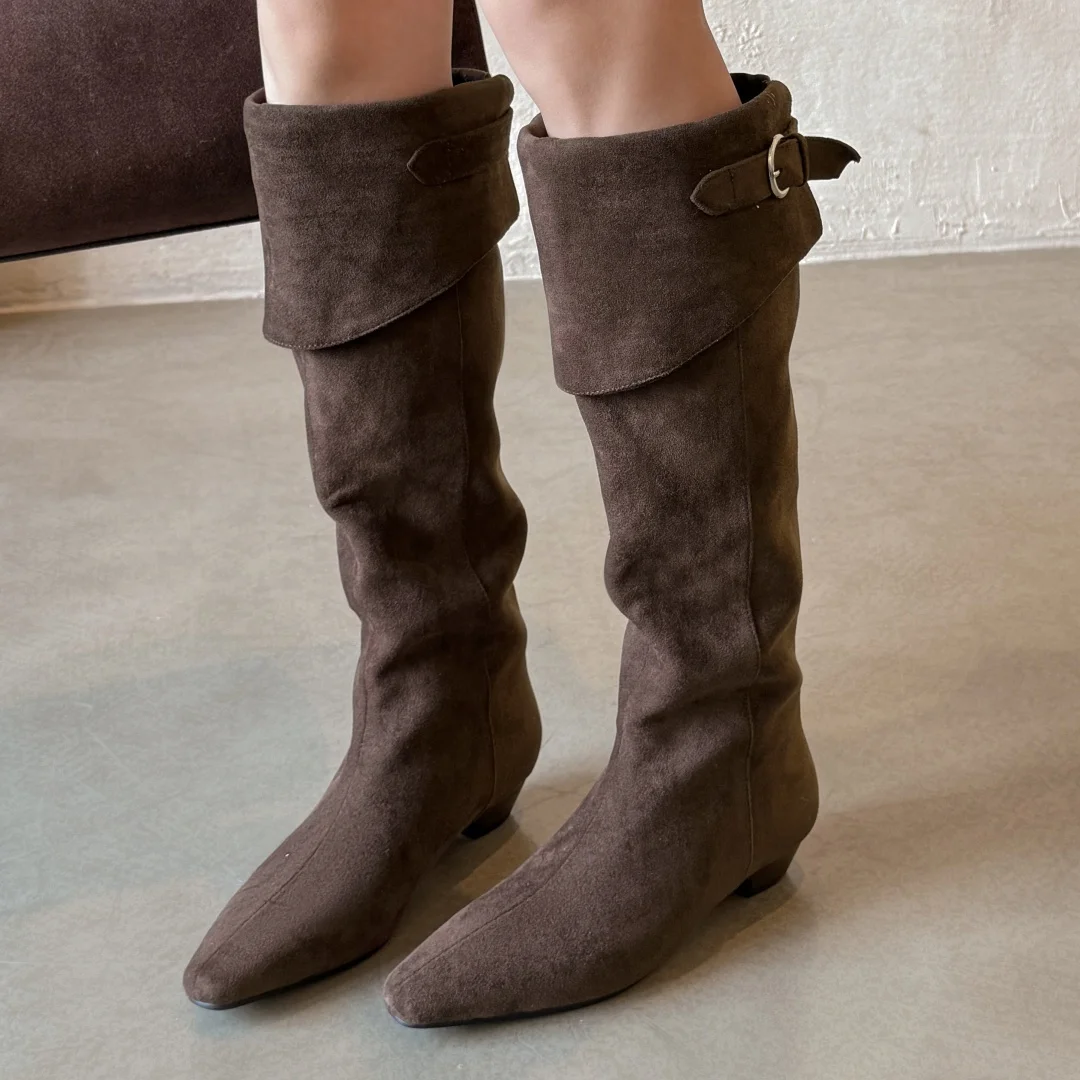 

Women's flock pointed toe kitten heel sip-on knee high boots 3cm low heel elegant ladies slim daily dress long boots shoes woman