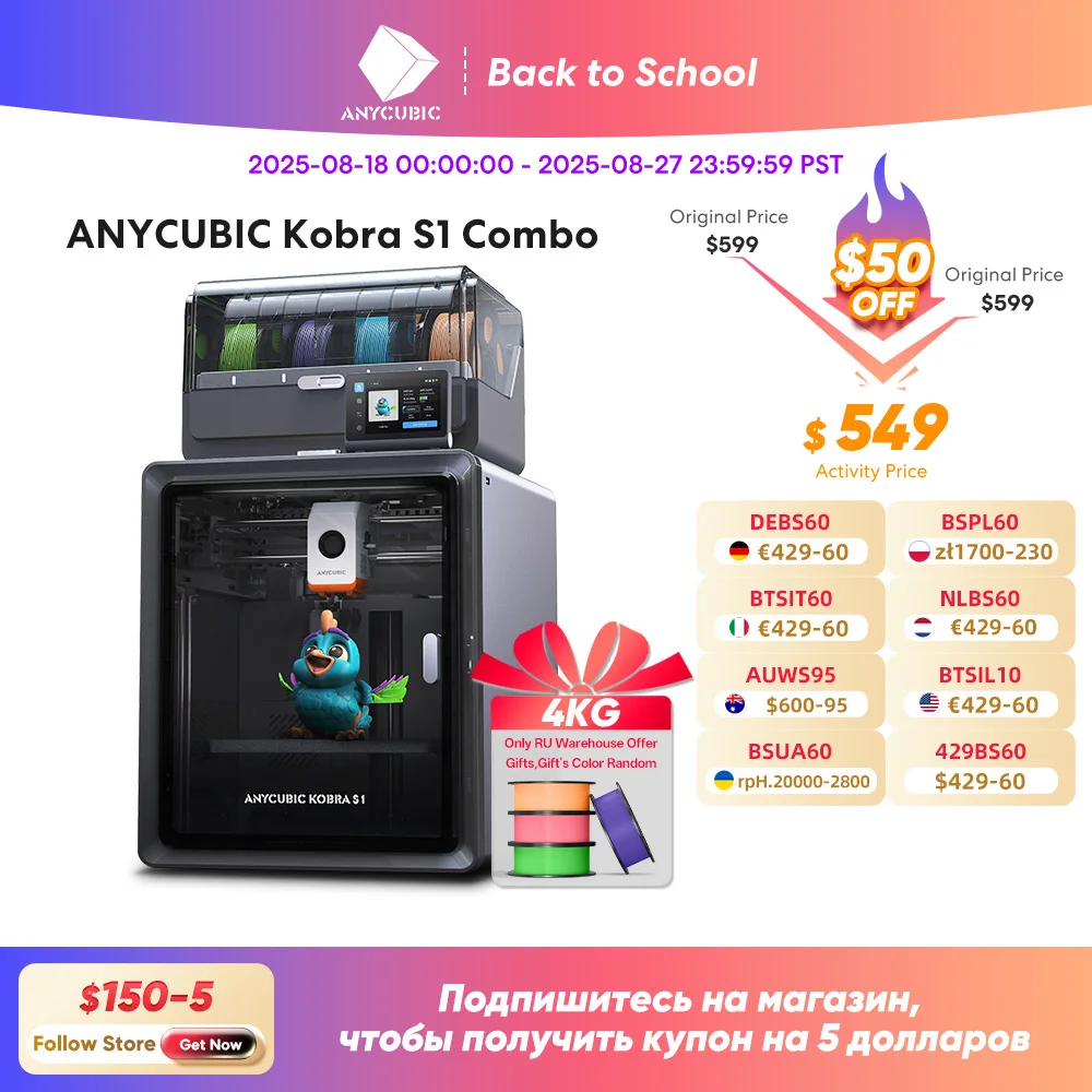 

Anycubic Kobra S1 Combo Multi-Color 3D Printer Up to 600mm/s High Speed Printing Auto Leveling CoreXY Structure Direct Extruder