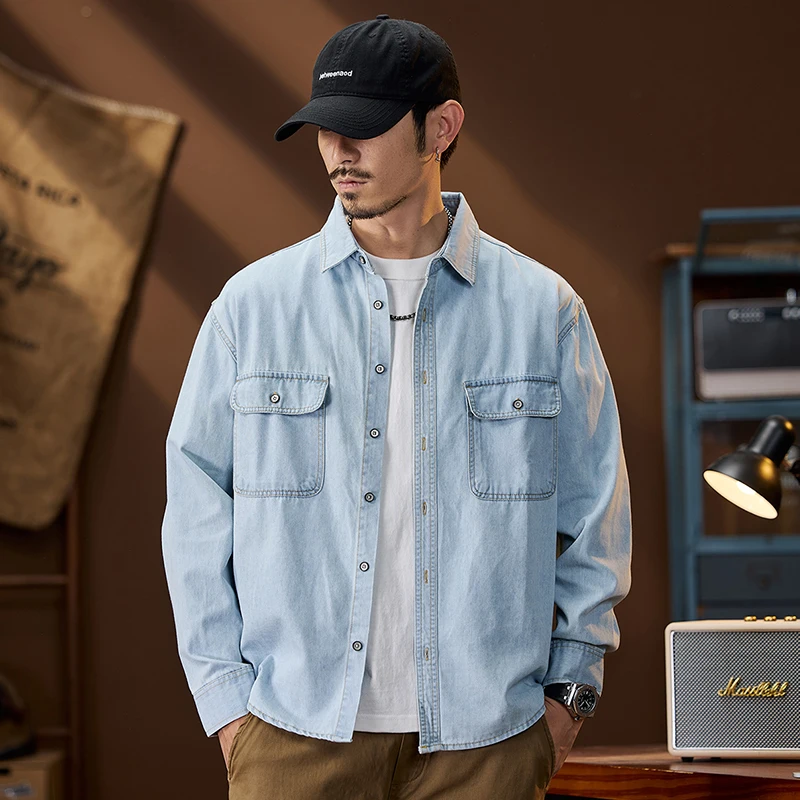 Loose Large Size Denim Shirt Men's American Vintage Fashion Long Sleeved Casual Jeans Shirt Lightweight Pure Cotton Jacket