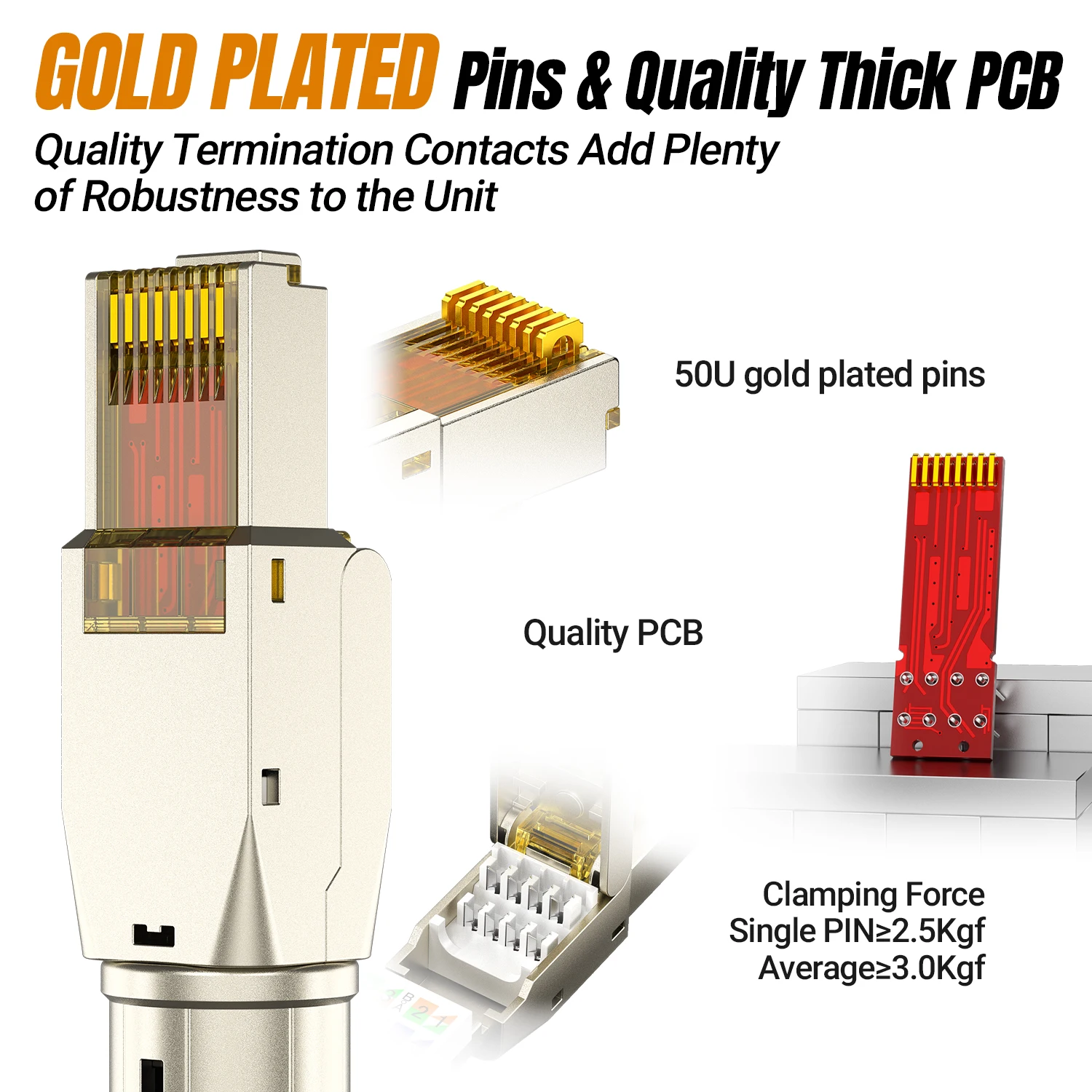 AMPCOM Toolless RJ45 Connector, CAT8/7A/7/6A/6 Tool free Reusable Termination Plugs Shielded Ethernet Field Modular PLug