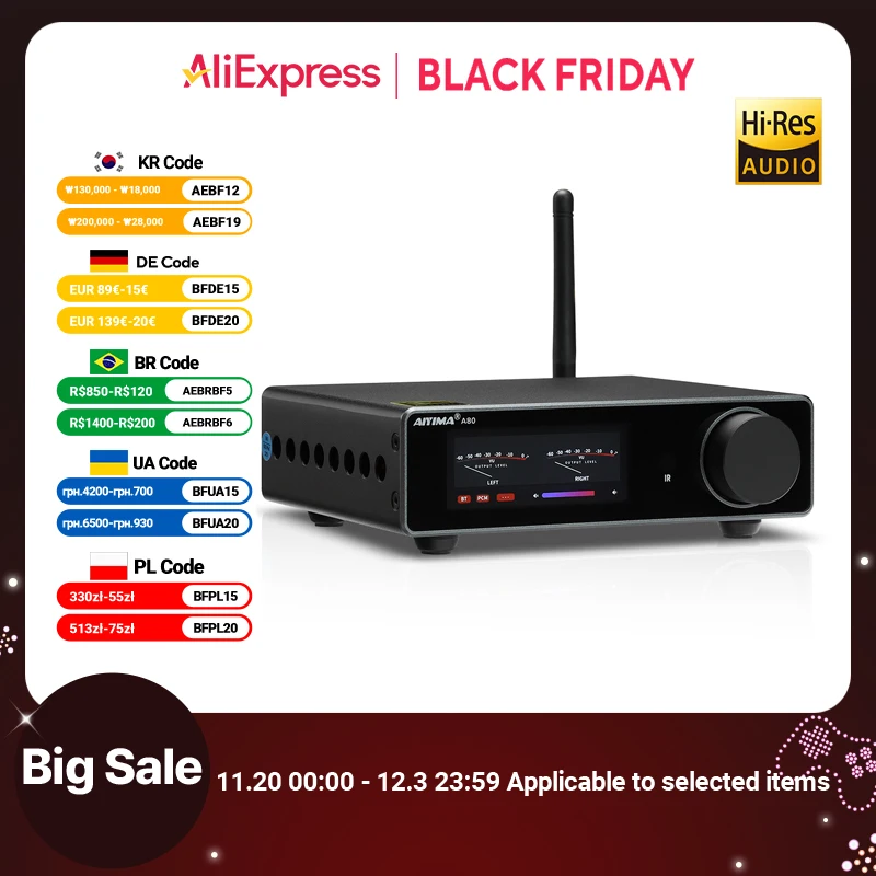 AIYIMA A80 TPA3255 Amplificatore di potenza PFFB stereo DAC Bluetooth 300Wx2 Classe D 2.0 Amplificatore digitale ad alta risoluzione con ingresso USB RCA TRS OPT