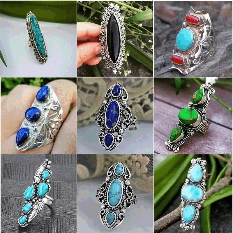 Bohemian Ethnic Style Faux Turquoise Ring Series Large Rings for Women Personalized Vacation Party Vintage Jewelry Accessories