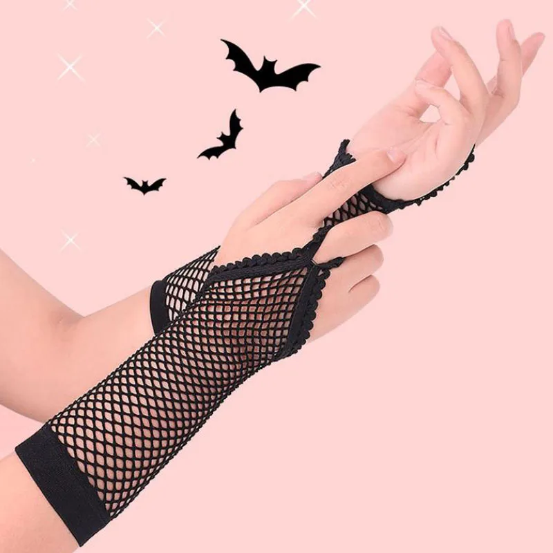 Sexy Black Elastic Half Finger Hollow Fishnet Gloves Female Long Sunscreen Sleeve Cosplay Stage Performance Fingerless Mittens