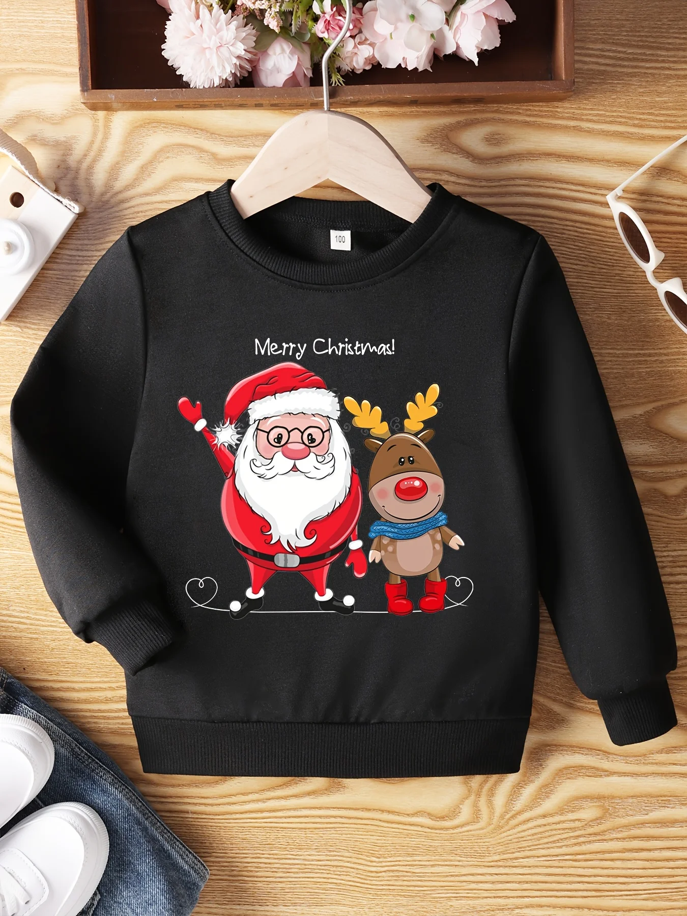 Children's and girls' autumn/winter fashion sweatshirt with Merry Christmas Santa Claus and reindeer print, loose fit.