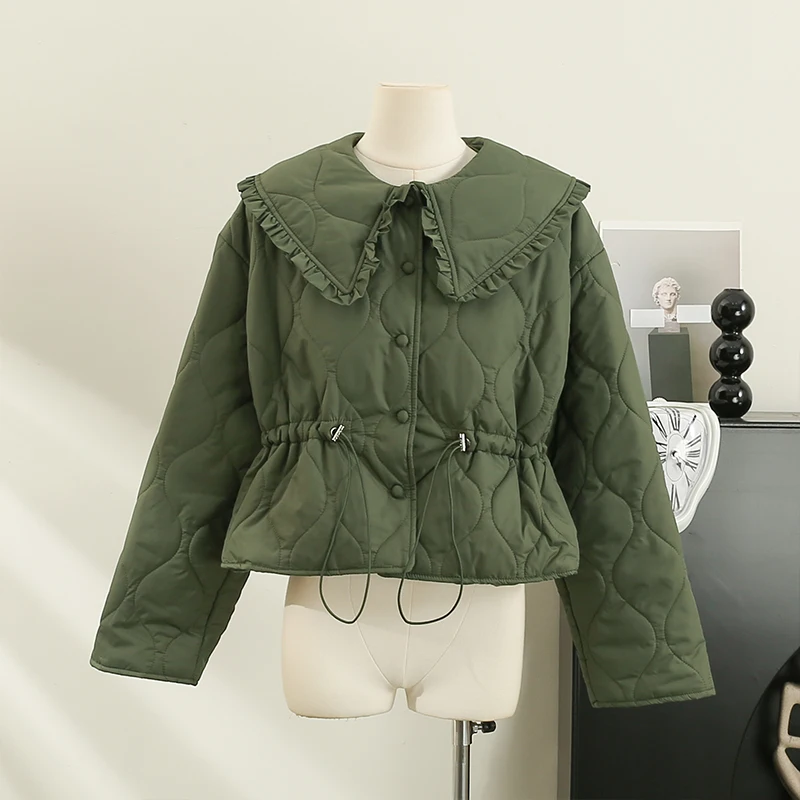 Women's Autumn Winter Sweet Parkas Short Quilted Coat Jacket Argyle Overcoat Peter Pan Collar Slim Waist Outerwears 2023