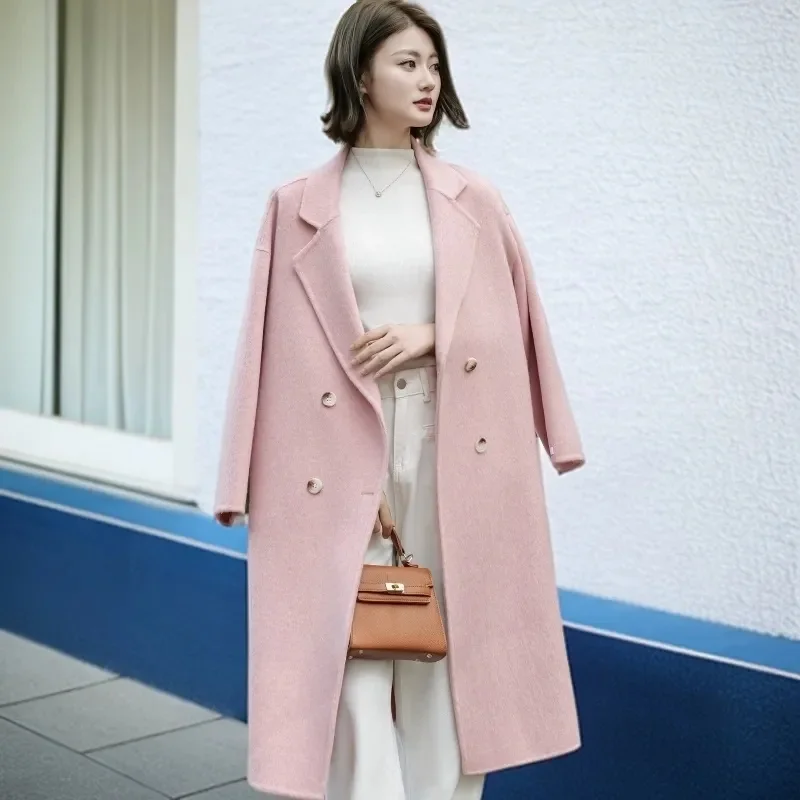 

Notch Lapel Wool Coat Drop-Shoulder Women 100% Wool Loose Overcoat Double-Layers Autumn Winter Long Jacket Thick Trench Coat