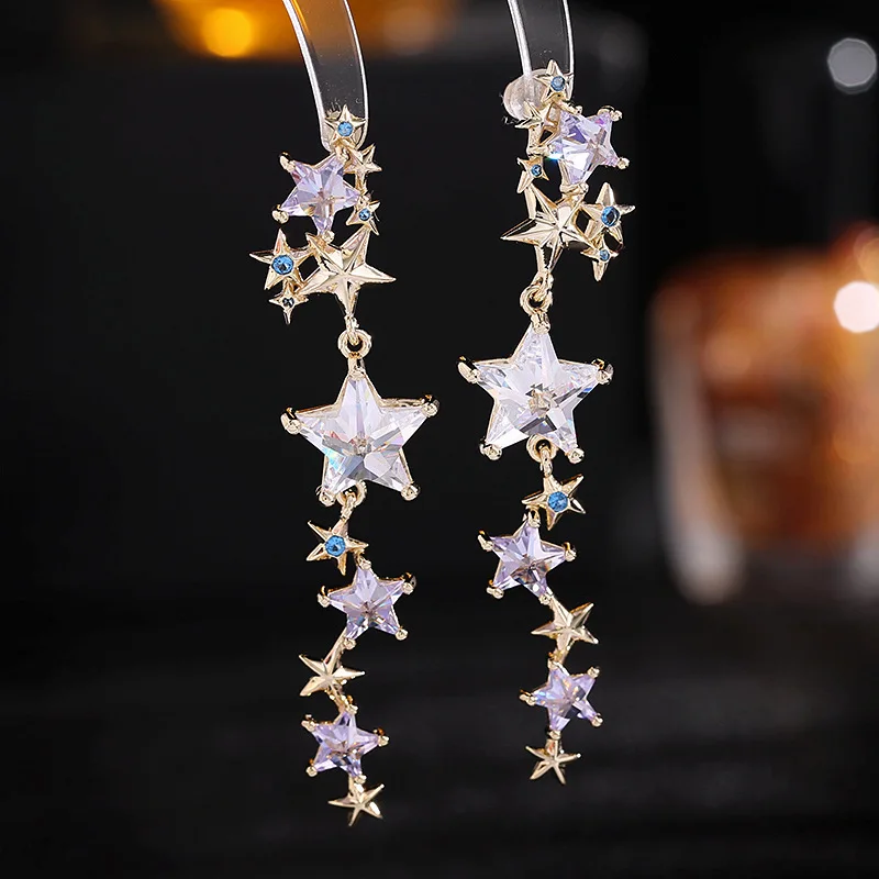 

Designer'S Light Luxury Earrings With Sparkling Star Style And High Grade Silver Needle, Five Pointed Star, Zircon Long Meteor E