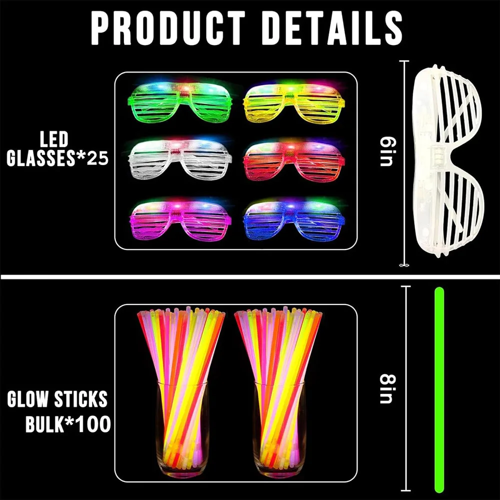 136Pack Glow in The Dark Light Up Party Favor Supply 100 Glow Sticks and 36 Shutter Led Glasses Glow Accessories for Kids Adult