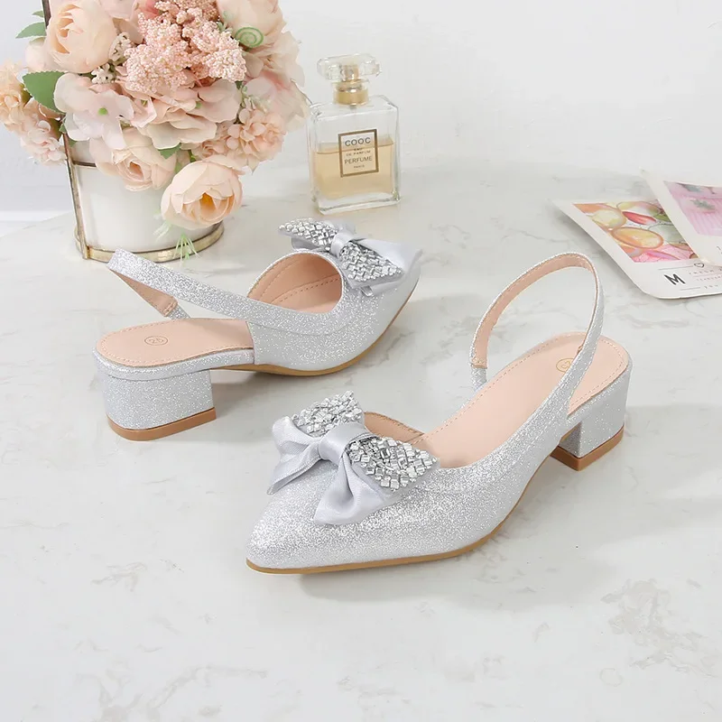 2024 Summer New Children\'s Crystal Shoes Fashion Bow Sequins High Heels Soft Sole Anti Slip Girl Princess Shoes