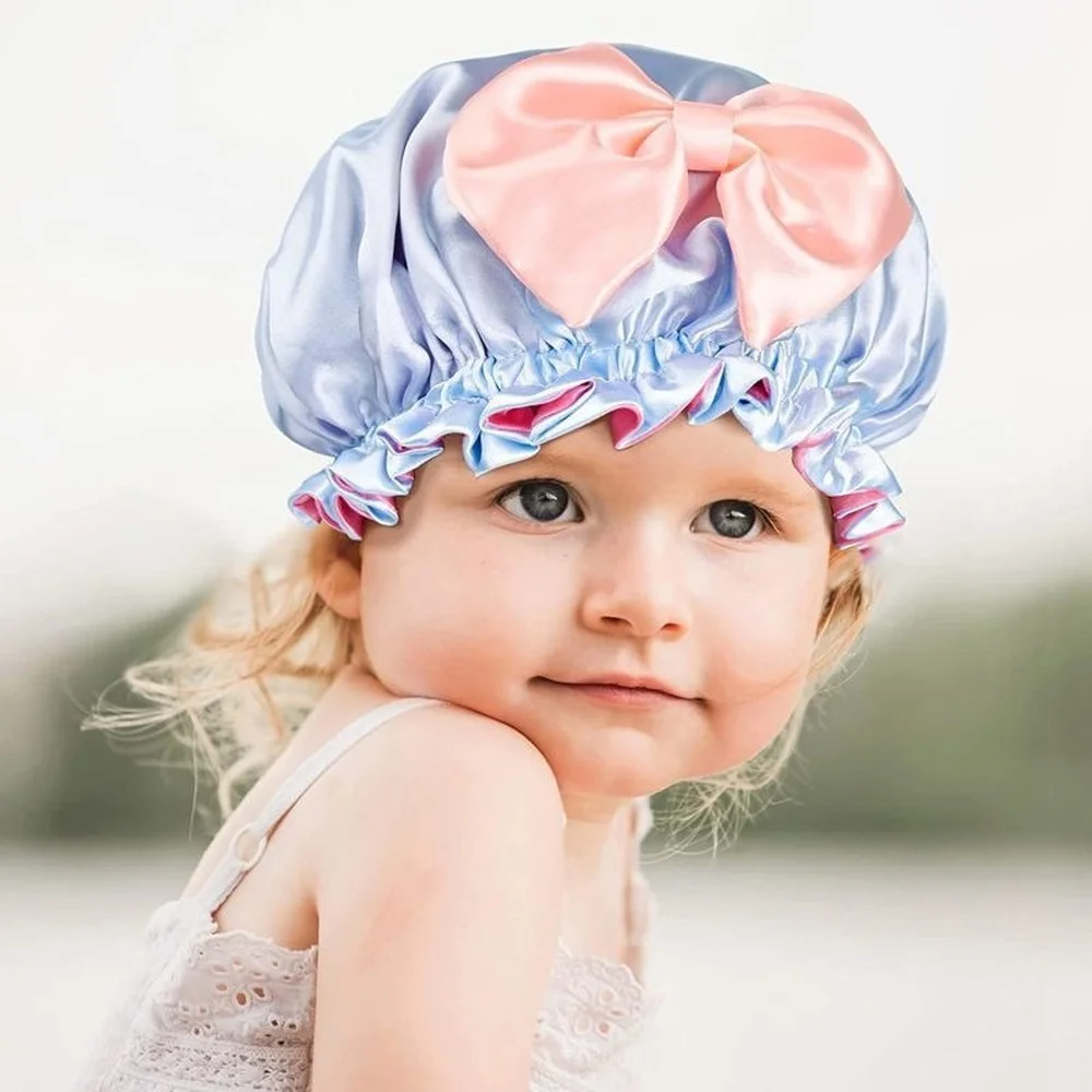 Double Layer Big Bow Knot Sleep Night Cap Satin Hair Protect Hat Baby Girls Night Turban Children Solid Headwrap Sleep Bonnet