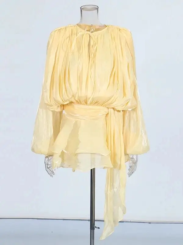 TWOTWINSTYLE Effen Blouse Mini Jurken Voor Vrouwen V-hals Lange Mouw Gesplitst Lace Up Zoete Stijl Jurk Vrouwelijke Kleding Mode