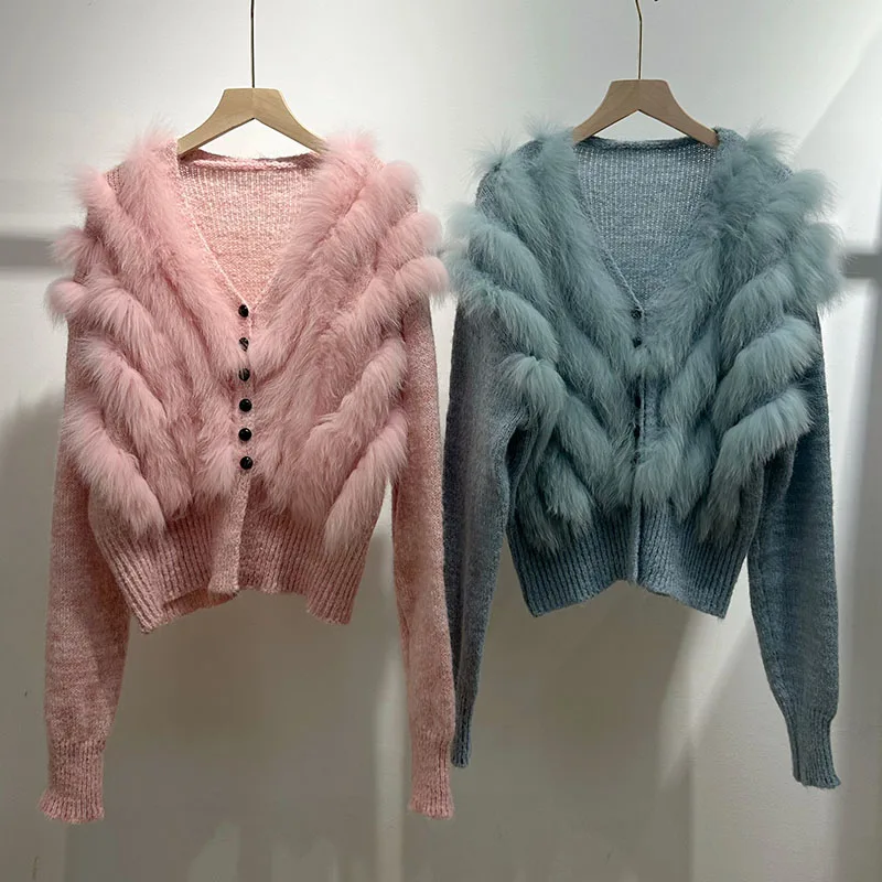 Women Short Fox Fur Cardigan Coat Autumn Fashion Knitted Sweater With Real Fox Fur Stripe Genuine Fur Outwear