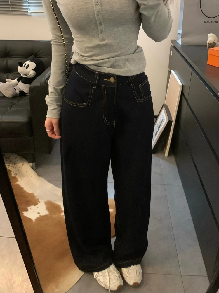 

Viiwen Невыцветающие оригинальные джинсы из воловьей кожи Темно-синие прямые широкие брюки с высокой талией Женская мода