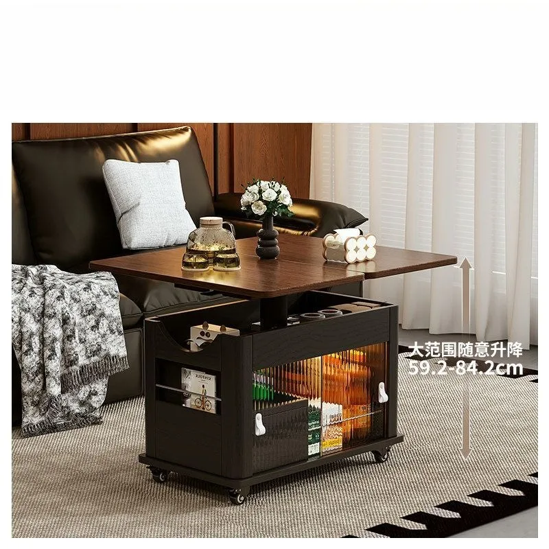 Lifting coffee table mobile folding small apartment solid wood medieval trolley tea table edge sofa side cabinet