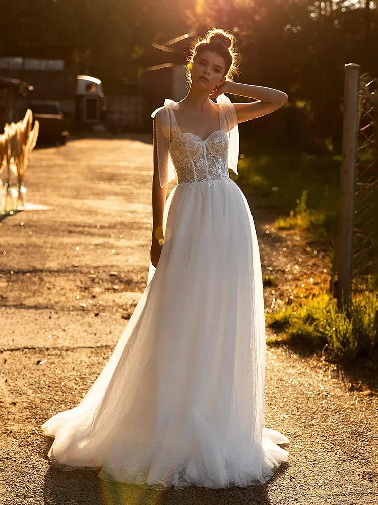 Vestido De novia De tul con lentejuelas, traje elegante De estilo bohemio con lunares, Espalda descubierta, color blanco