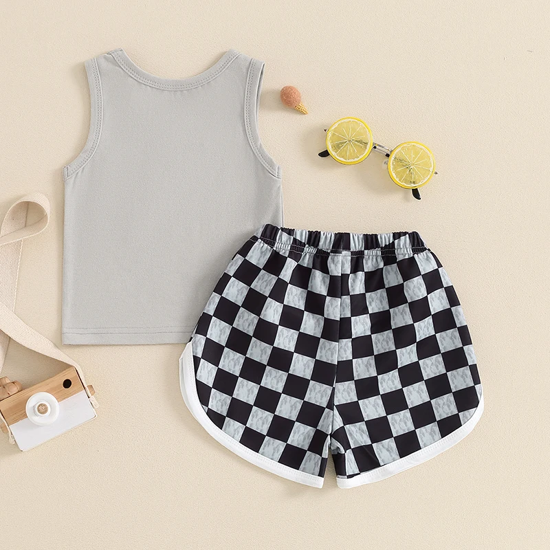 2024-03-13 Lioraitiin 0-3Y Toddler Boys Summer Shorts Sets White Sleeveless Tank Tops and Checkerboard Print Shorts Sets