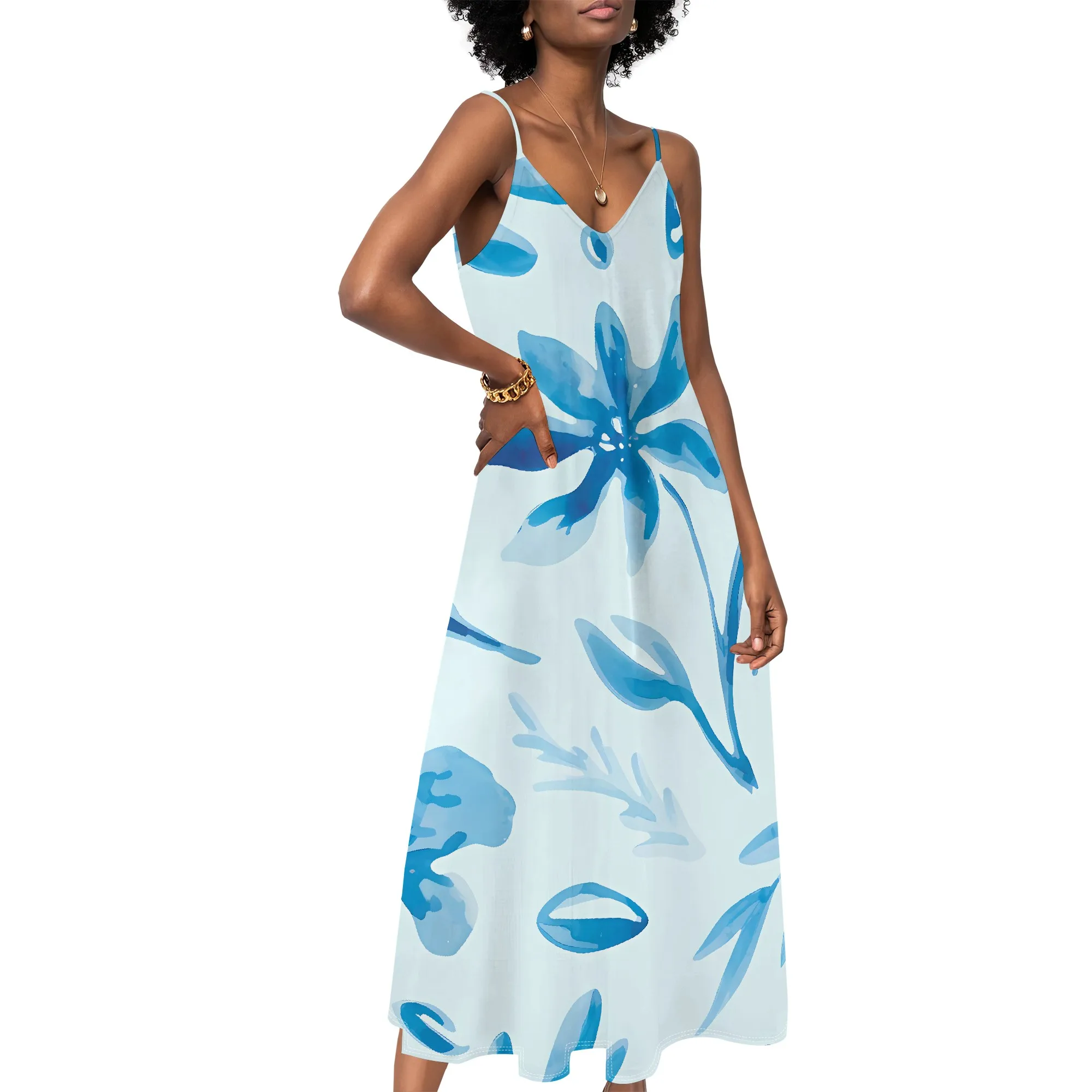 

Women's clothing 2025 spring/summer new custom casual beach loose print floral V-neck long skirt dress