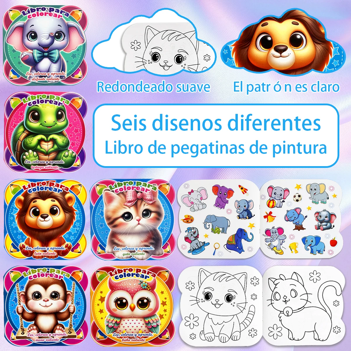 Cartoon Animal Coloring Sticker Book for Kids, 6 Different Designs DIY Painting Activity Book Early Education Set