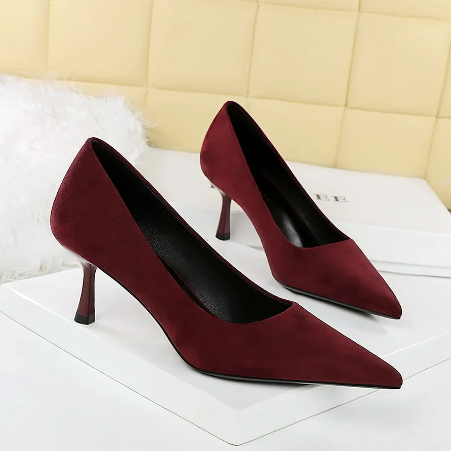 

BIGTREE Fashion Concise High Heels Flock Shallow Lady Women's Pumps Stiletto 6.5cm Office Dress High Heeled Shoes Camel Black