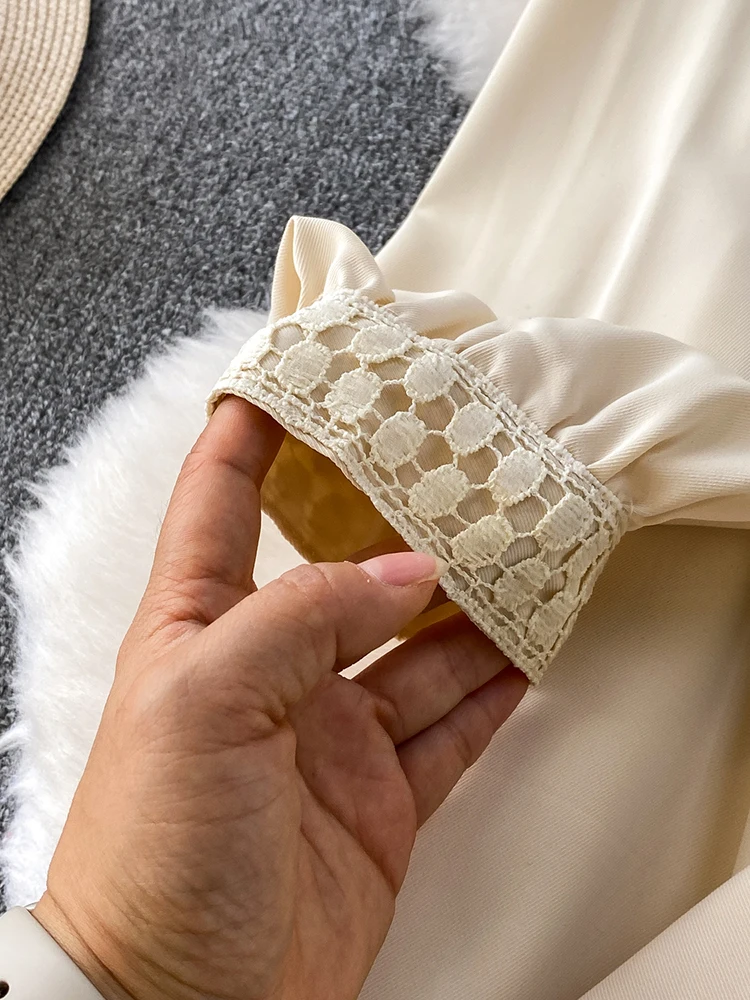 Mulheres no outono vestido francês socialite estilo suave damasco em torno do pescoço rendas retalhos cetim saia longa vestidos femininos ds227