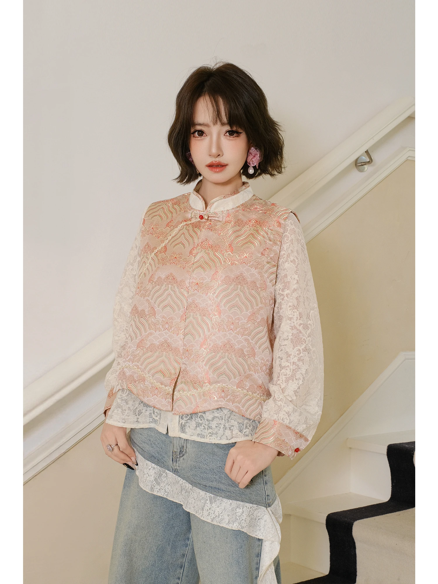 

MIUCO New Chinese Sle Retro Design Lace Sve irt Women's Patchwork National Trend Top Breathable Skin-friendly Long Sve