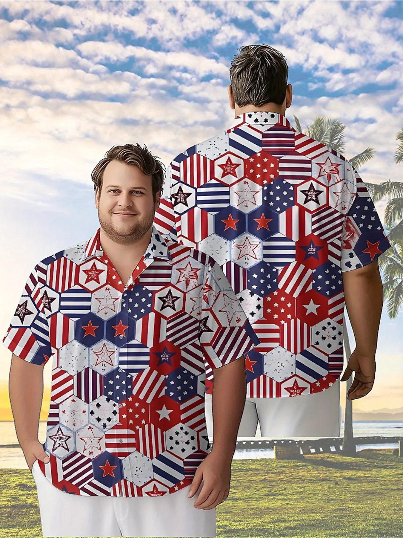 Men's Plus Size Hawaiian Shirts American Patriotic Theme Patchwork Pattern,New in Summer Fashion Tops,Hip Hop Rock Streetwear