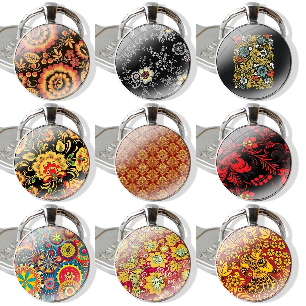 Khokhloma Russian Pattern Flower Cute Keychain Handmade Glass Cabochon Key Ring Holder Pendant Key Chains