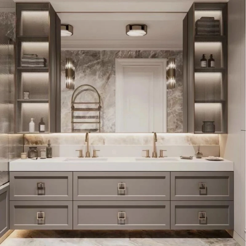 

High end villa light luxury solid wood bathroom cabinet combination American style minimalist bathroom rock panel dual