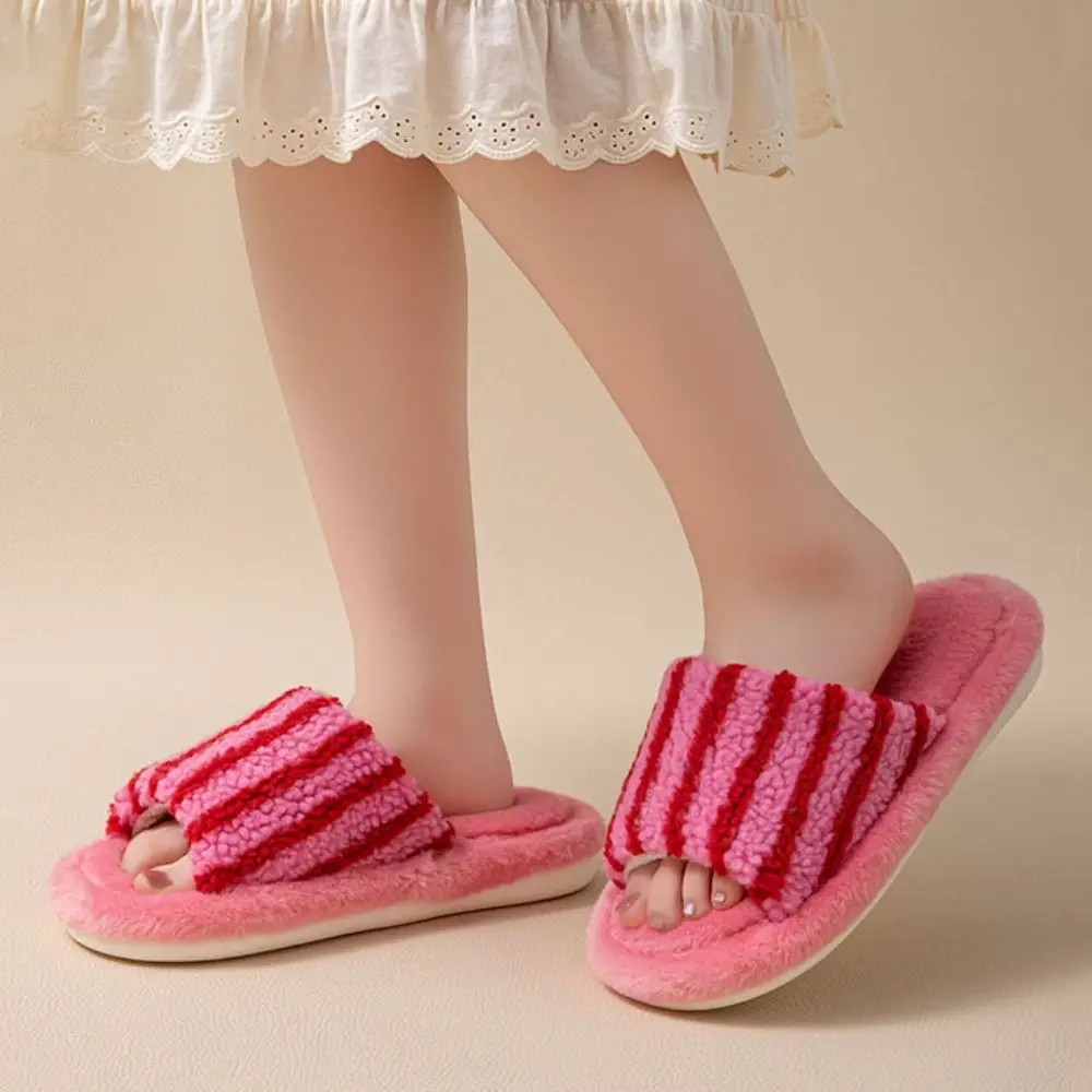 

Comfortable Stripe Casual Slippers Soft Patchwork Women Home Flats Warm Anti Slip Winter Slippers Indoor
