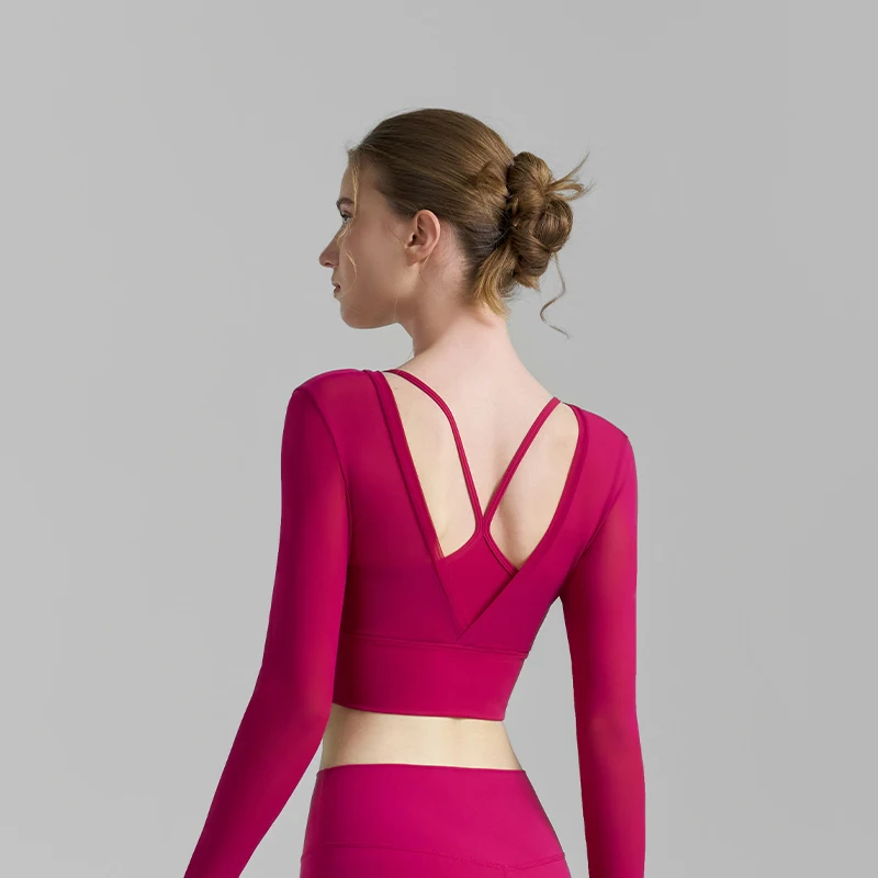 DANCEFISH Fake Two-piece Yoga Clothes Sexy Mesh Stitching Yoga T-shirt V-shaped Beauty Back Fixed Cup Fitness Clothes for Women