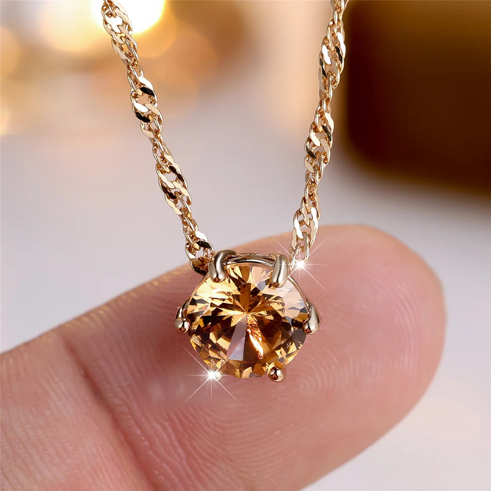 Female Crystal Champagne Zircon Stone Cute Round Pendant Necklace Vintage Gold Color Wedding Jewelry For Women