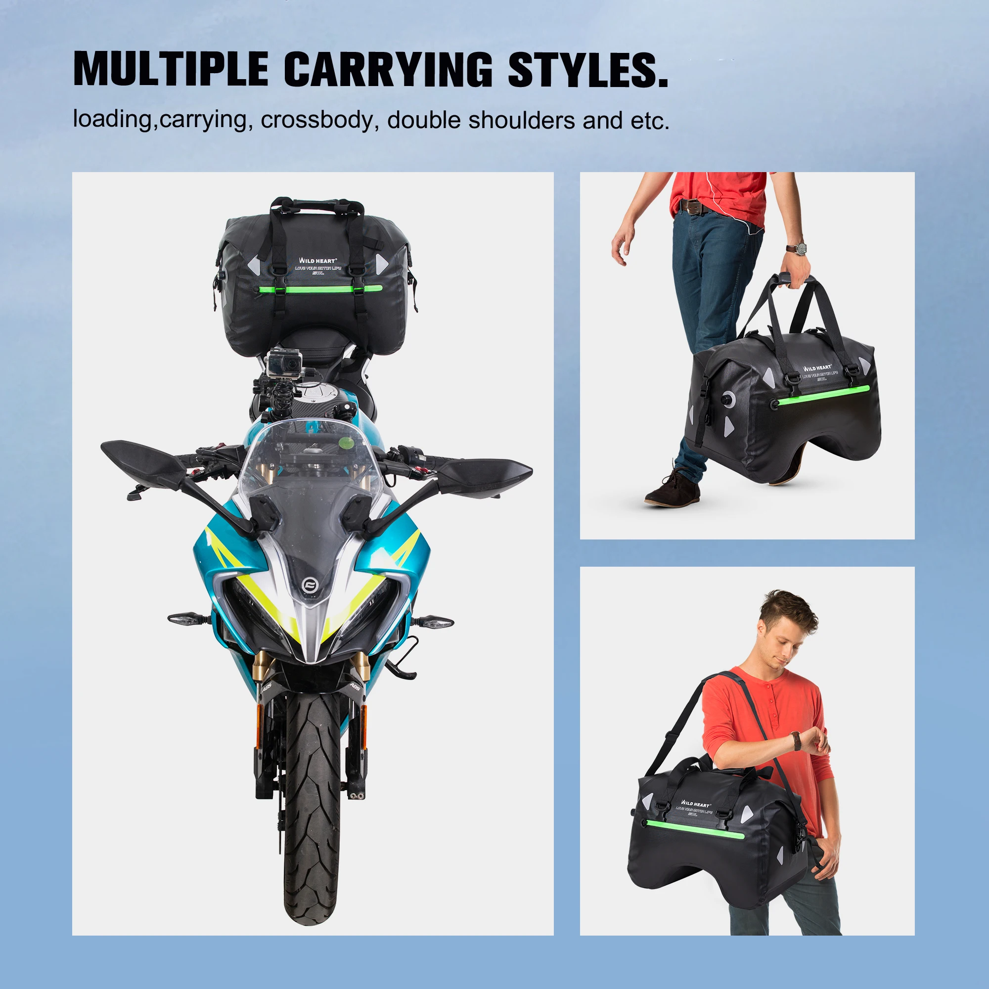 WILD HEART Dry Motorcycle Tail bag 50L With Rope Straps and Inner Pocket Waterproof PVC 500D for Travel,Motorcycle and so on