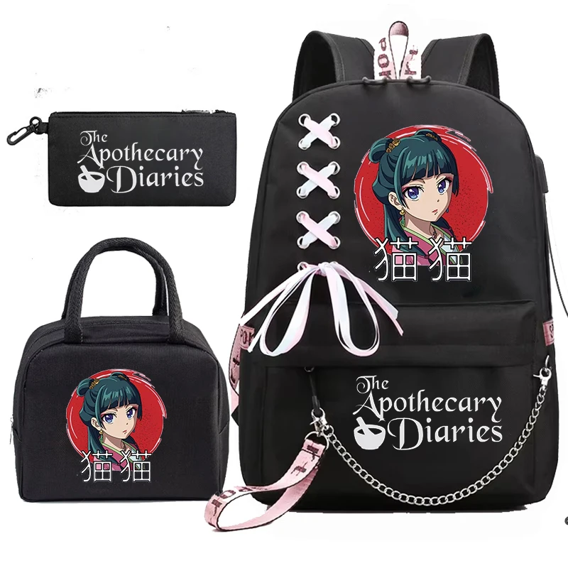 Mochila حقيبة المدرسة طالب المراهقين حقيبة مدرسية يوميات الصيدلي Maomao أنيمي الكتب مع أكياس الغداء المحمولة 3 قطعة