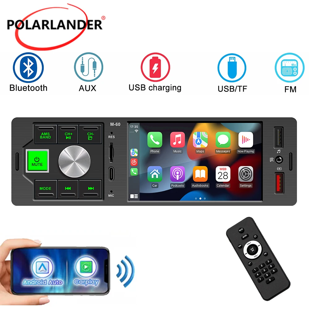 

Автомагнитола с проводным CarPlay и Android Auto, 4,1-дюймовый экран, 1DIN, MP5-плеер, Bluetooth, FM, USB, TF, Mirror Link, Type-C