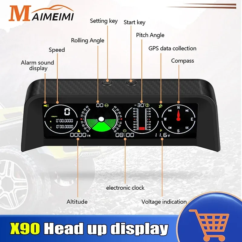 X90 Car Head up display Slope Meter Inclinometer Altitude GPS Speedometer Tilt Angle Protractor Clock Latitude Longitude Campass