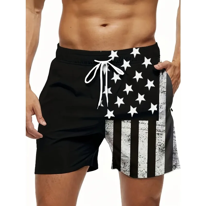 

European and American Casual Style 3D Printed Shorts, Men's High Waisted Drawstring Sports Beach Pants, Summer Trendy Bottoms