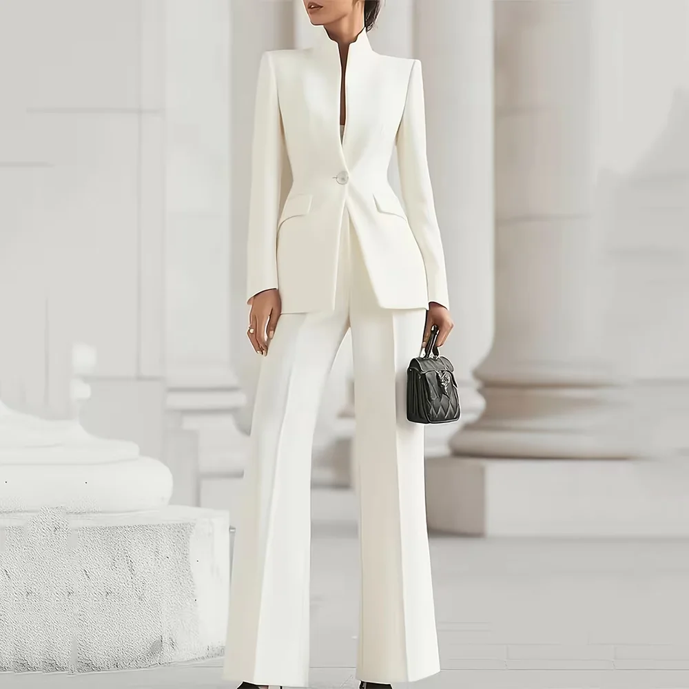 Women's Black 2 Piece Suit Set Fashion One Button Blazer Pants Stand Collar Formal Office Party Prom Wedding Female Tuxedo