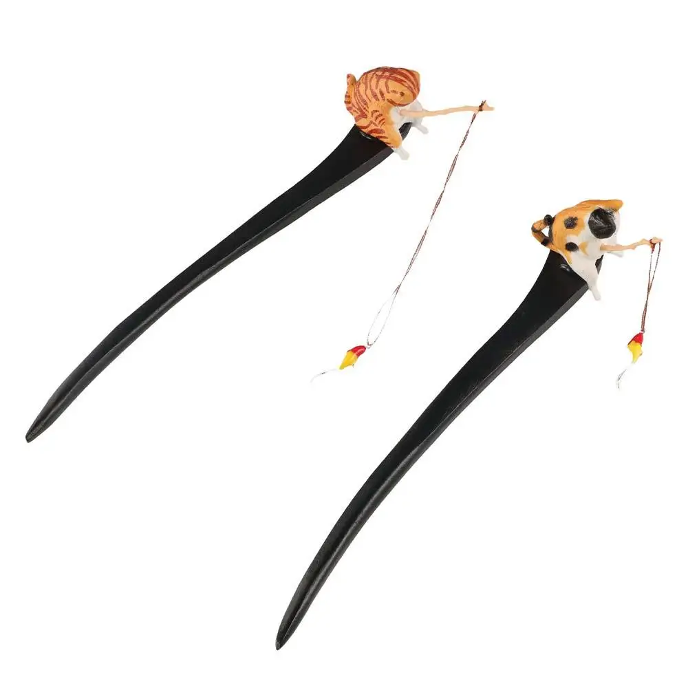 Cat Fishing Wooden Hair Stick Black Sandalwood Chinese Style Hanfu Hairpin Hair Sticks for Buns Hair Chopstick Hanfu Accessories