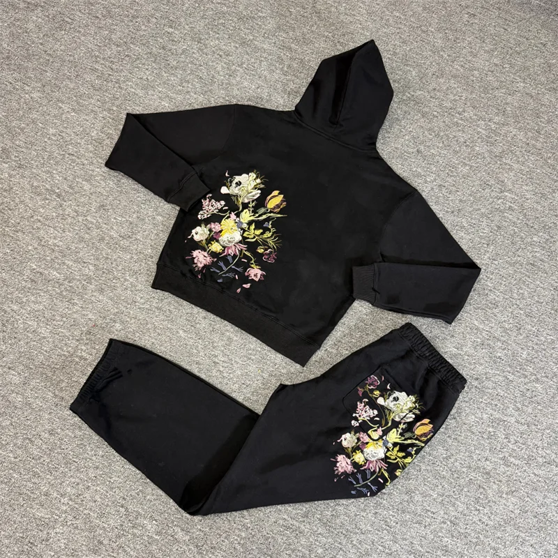 Vintage Streetwear Men Women Hoodie Heavyweight Cotton Embroidered Floral Graphic Pullover Sweatshirt Hip Hop Oversized Hoodies