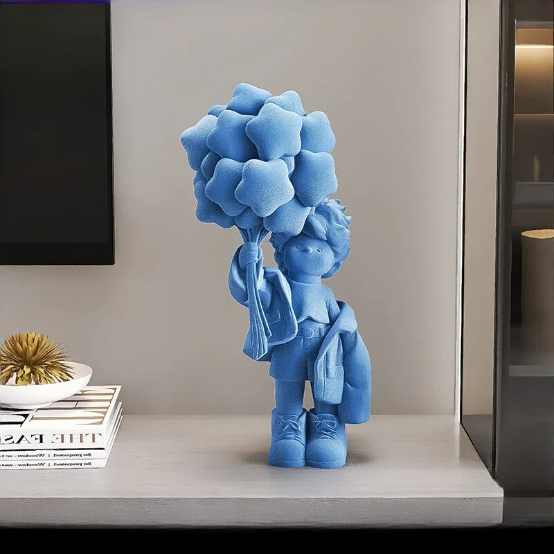 oo-Modern Home Decor Cartoon Boy Doll Sculpture Flocking Process Statue Living Wine Cabinet Foyer Table Decoration Accessories