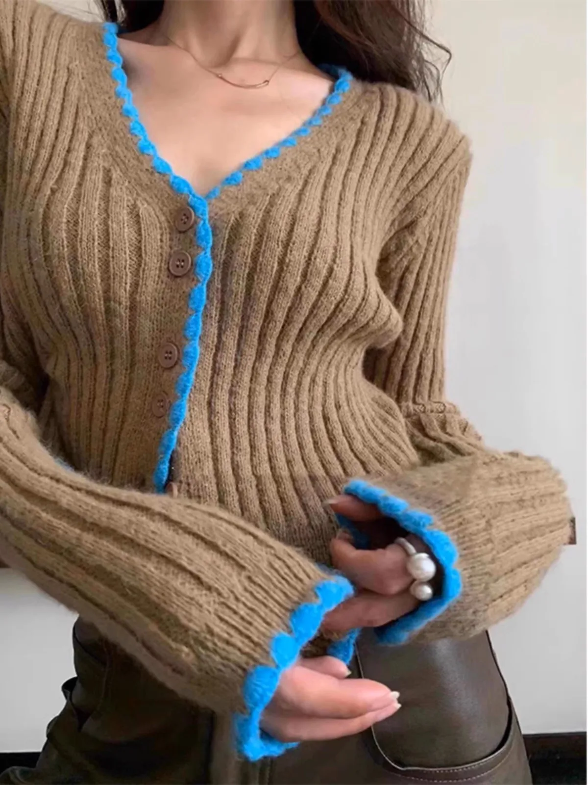 مضلع متماسكة زر حتى سترة سترة للنساء كم طويل التباين هيم المحاصيل سترة سترة في سن المراهقة فتاة Y2K الزي #3