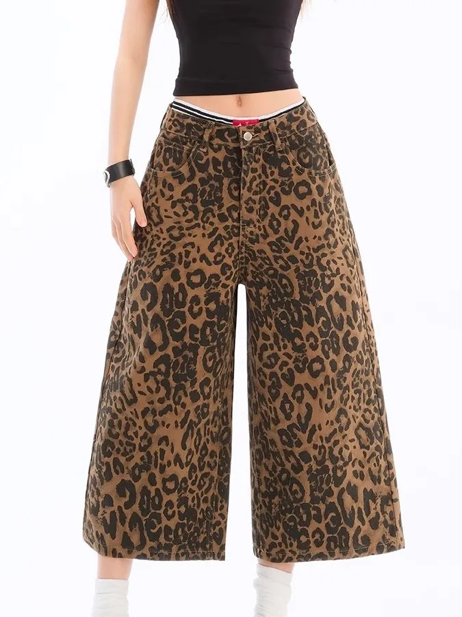 بنطلون نسائي واسع الساق بخصر مرتفع وطبعة الفهد على الطراز الأمريكي، مقاس كبير، فضفاض ومريح للصيف #5