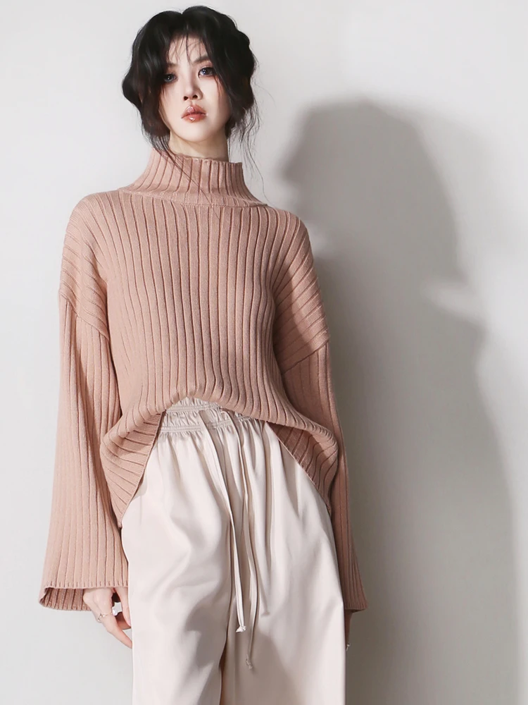 

Retro Soft Bean Paste Apricot Pink Knitted Loose Sve High Collar Striped Sweater Women's Autumn Winter Warm Long Sve Top
