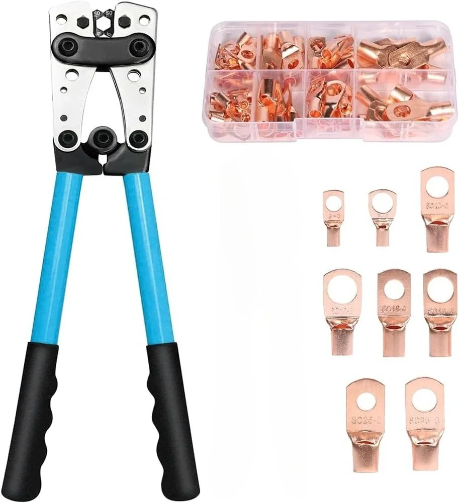 

Cable Wire Lug Crimping Tool Kit 10-1 AWG, 8 Sizes 60Pcs Copper Ring Terminals,Terminal Crimper Set for Heavy Duty Wire Lugs