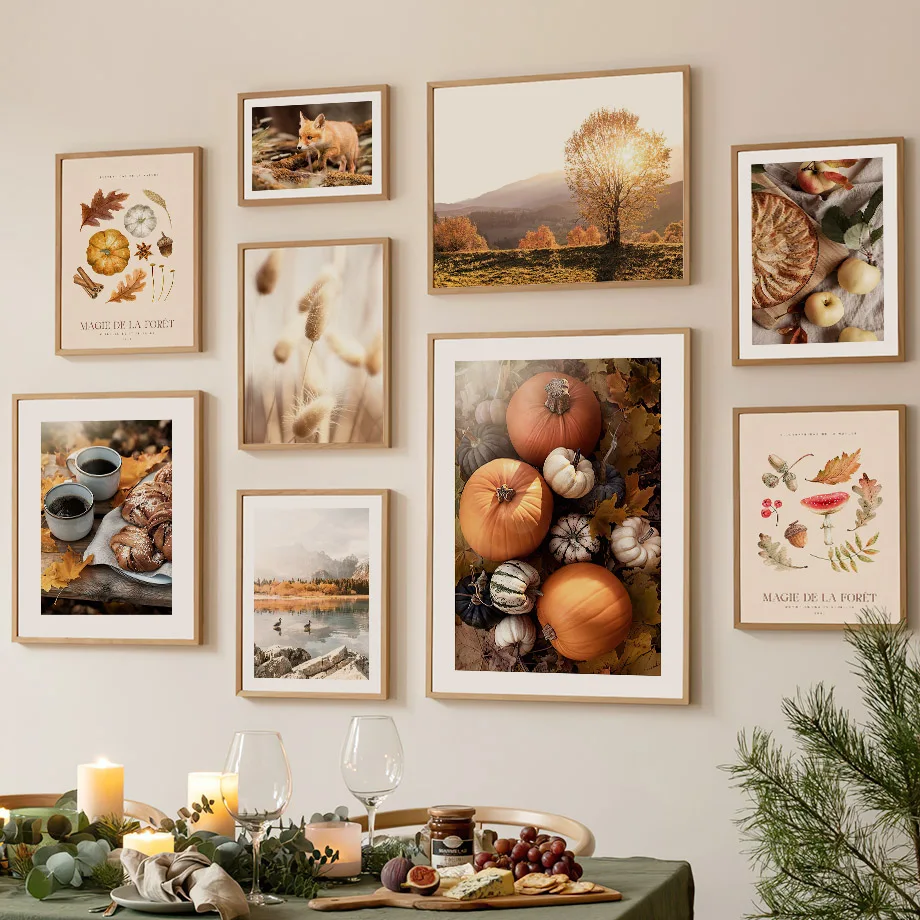Autumn Scenery Wall Art Print Pumpkin Tree Grass Fox Canvas Painting food Poster Restaurant Kitchen Pictures Living Room Decor