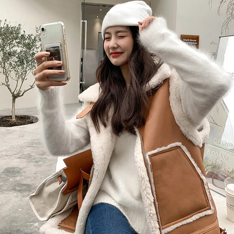 

2023 Women Double Face Leather Jackets Autumn Shearling Coat Thick Warm Genuine Sheepskin Lady Waistcoat Lamb Fur Lining DJ3904